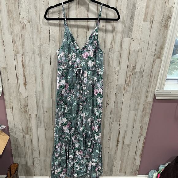 Miami Floral Green Button Front Maxi Sundress Ruffle Hem - Picture 1 of 5